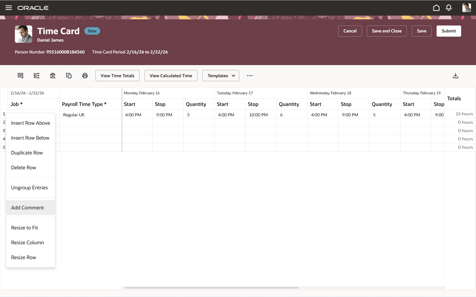 Add Comment Action on the Redwood Time Card