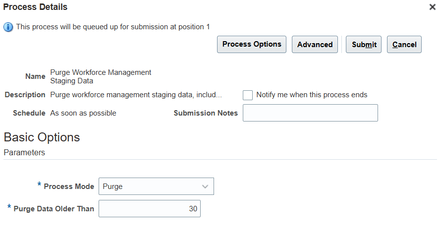 Purge Workforce Management Satging Data Process Page