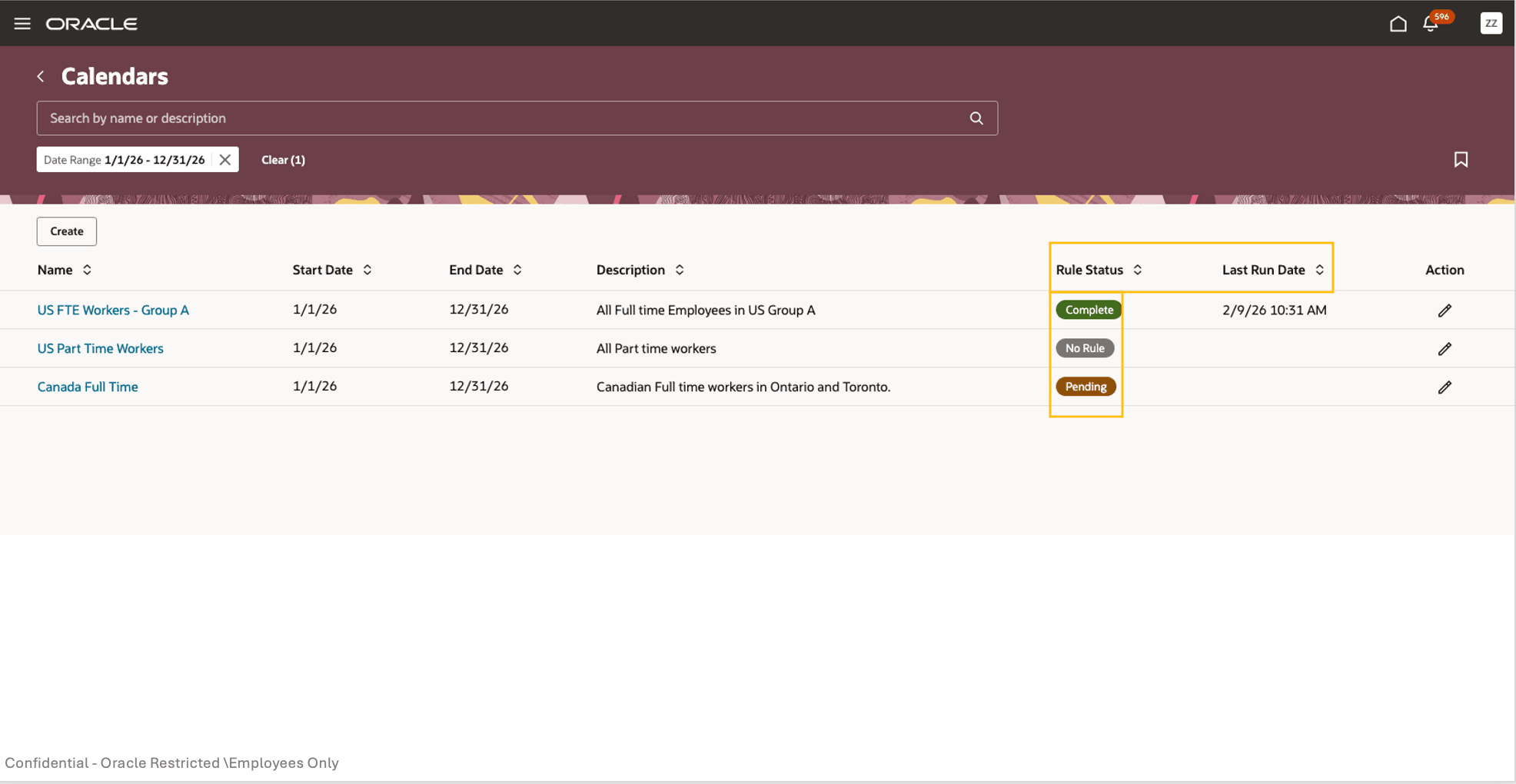 Calendars list page displaying rule status and last run date information.