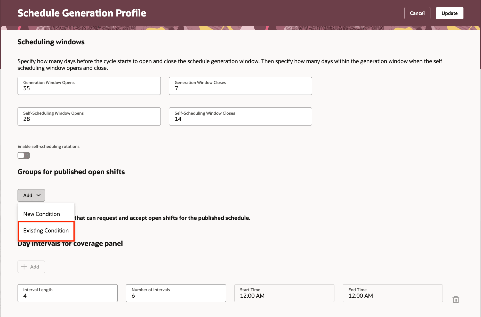 Add Existing Condition on Groups for Published Open Shifts in Schedule Generation Profiles