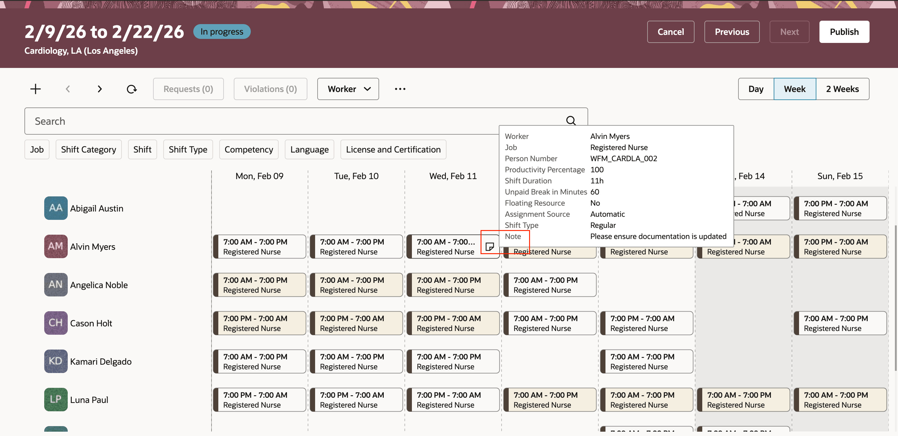 Note Icon at the Shift at the Workforce Schedule Page