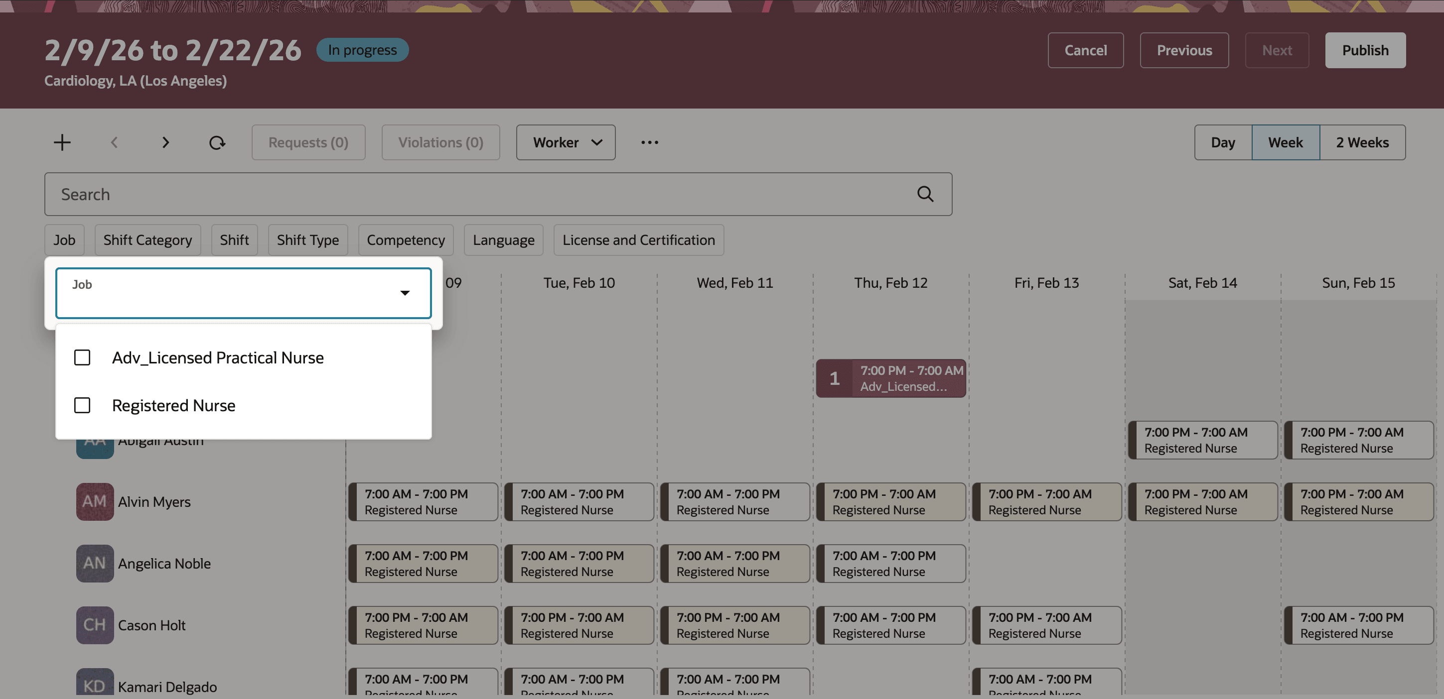 Job Filter in the Worker view at the Workforce Schedule Page