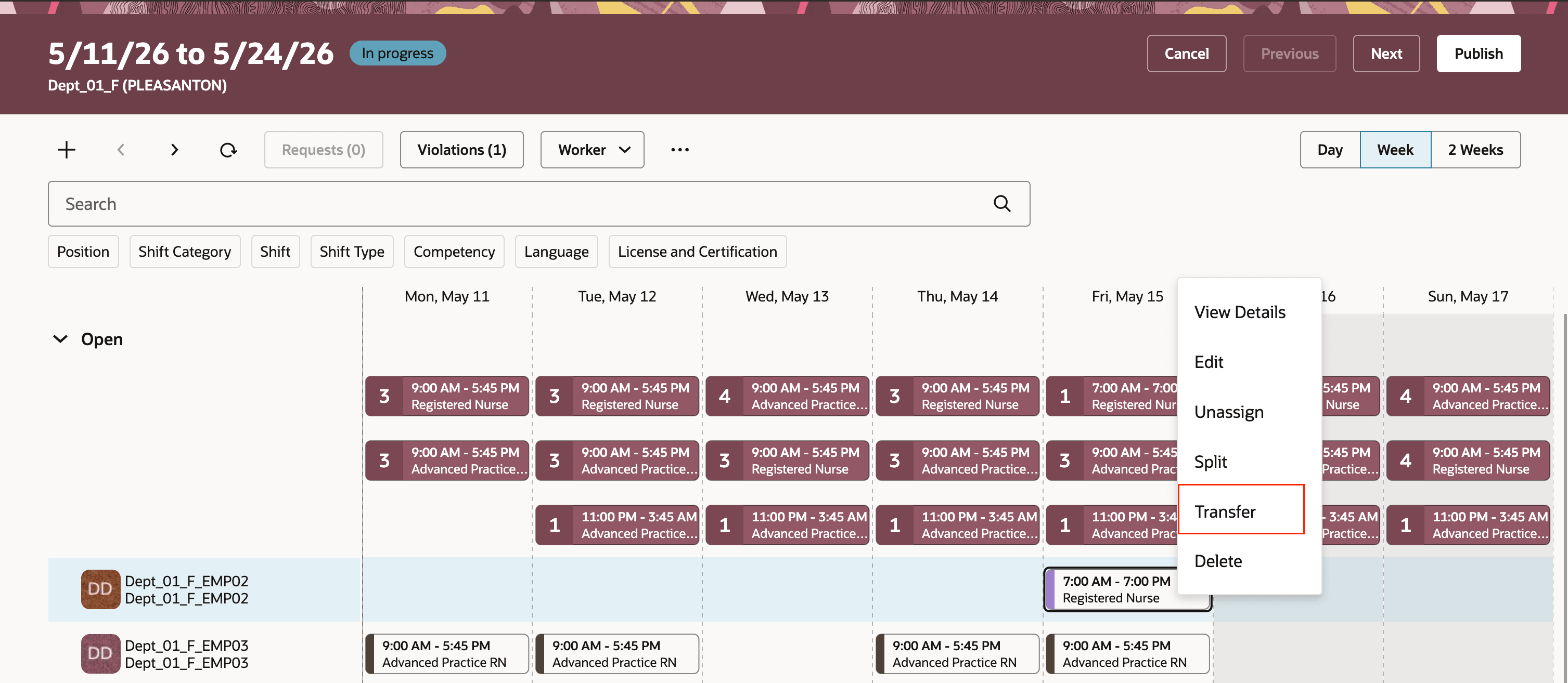 Transfer Action at the Workforce Schedule