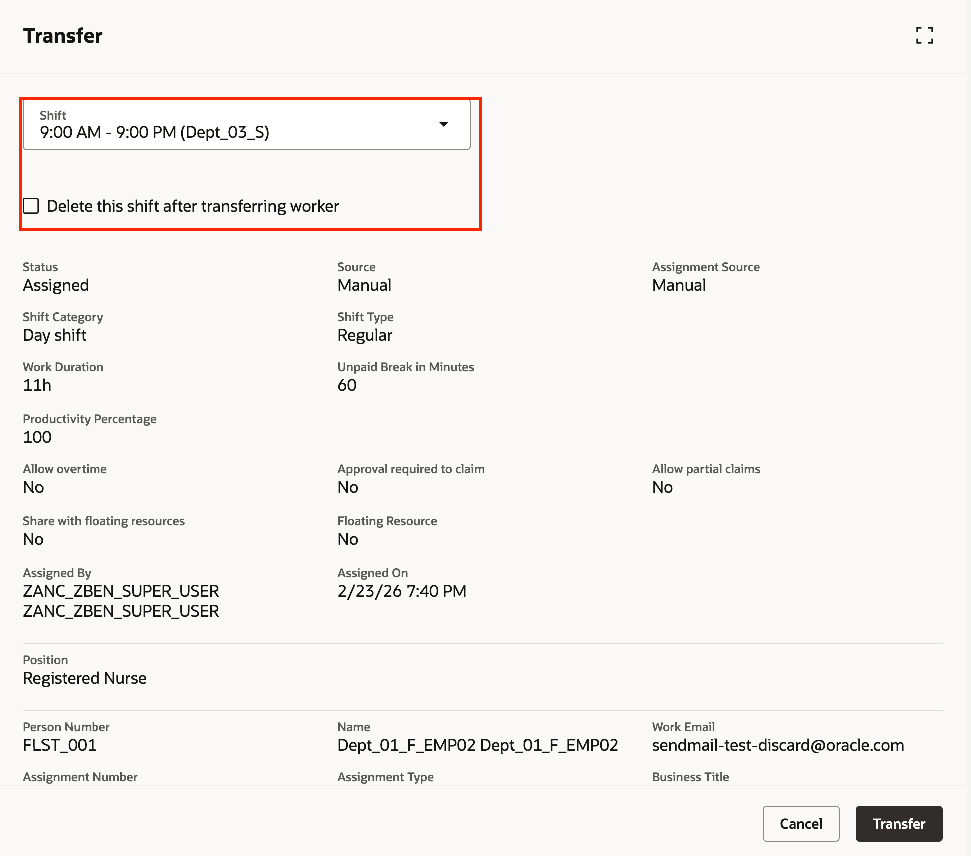 Transfer Drawer Showing Eligible Shifts across other Departments