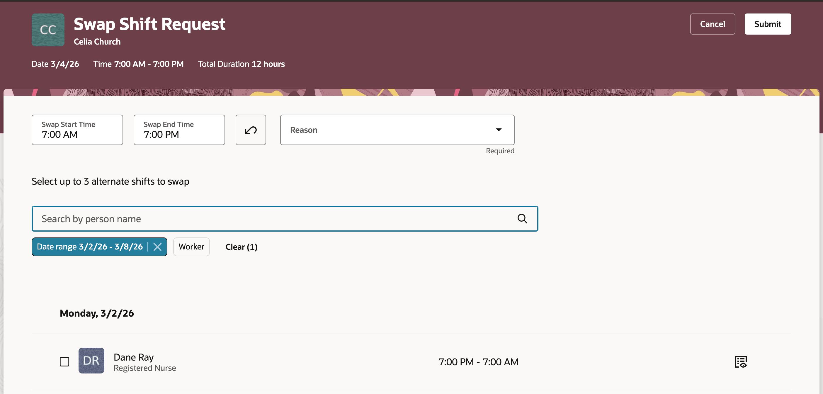 Worker initiates a shift swap from a day shift to a night shift with equal duration.