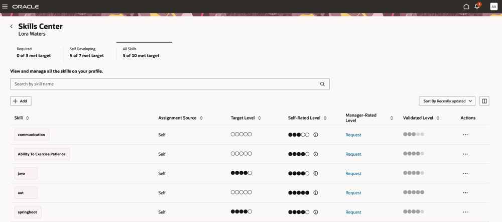 Employee dashboard for viewing their skills when rating model is enabled