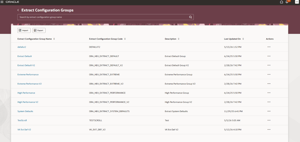 Extract Configuration Groups page