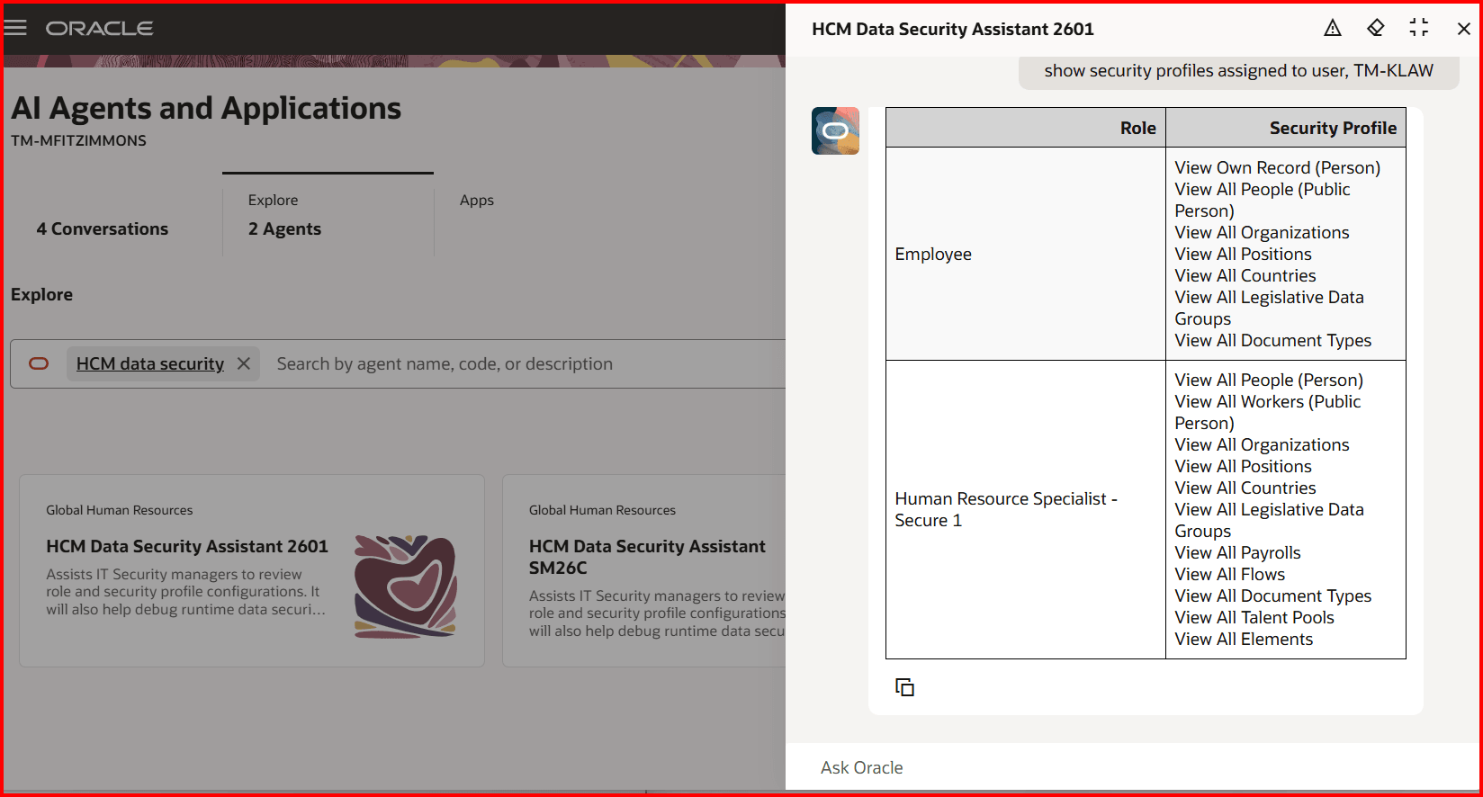 AI Assistant responds with user TM-KLAW’s assigned roles and security profiles.