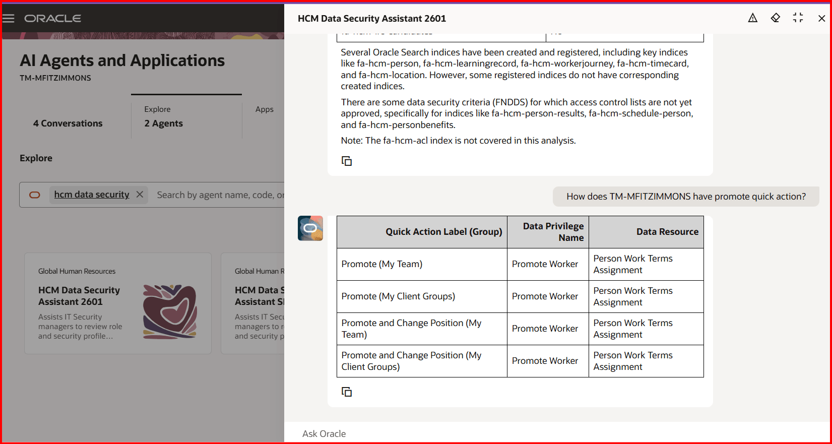 AI Assistant identifies how user TM-MFITZIMMONS accesses Promote Worker quick action.