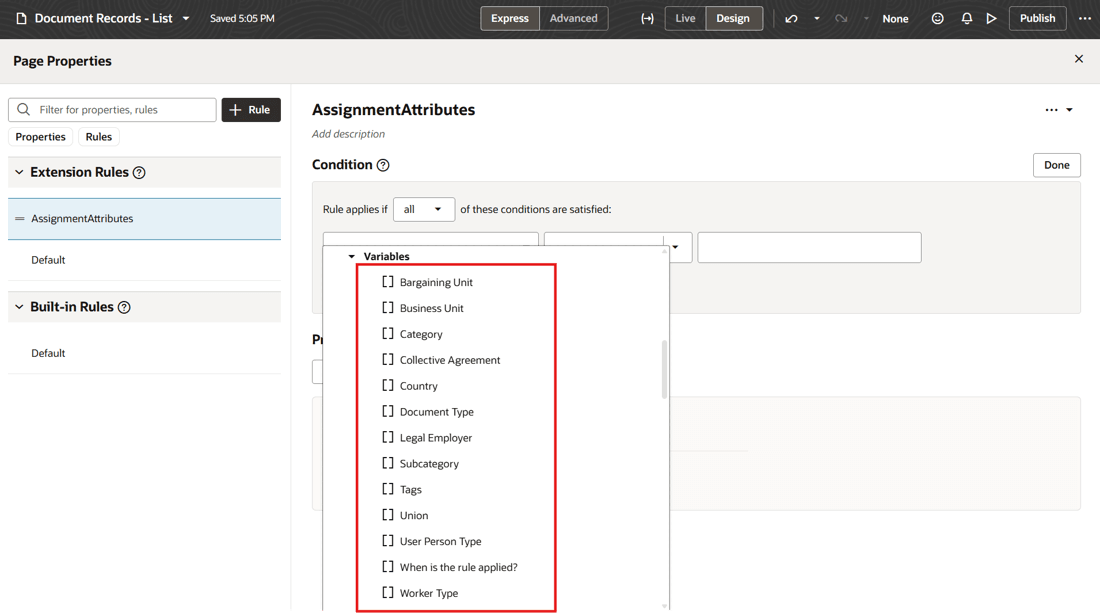 Supported Assignment Attributes in Page Properties Conditions