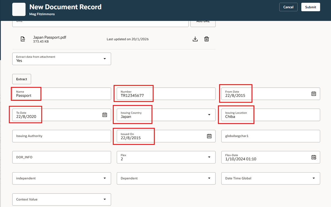 Fields Populated with Data Extracted from Attachment