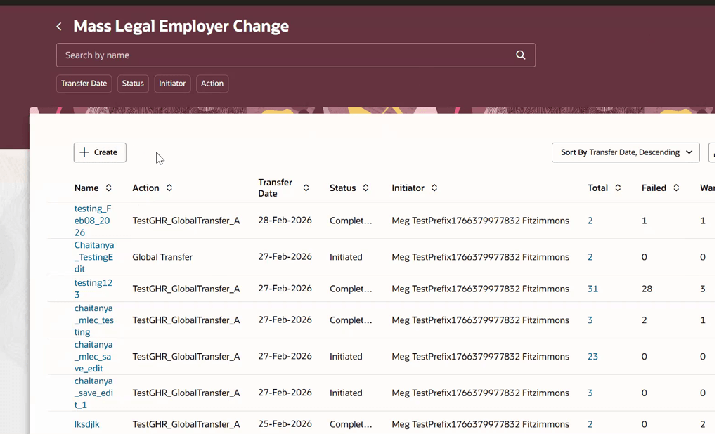 Mass Legal Employer Change dashboard showing existing processes and the Create action