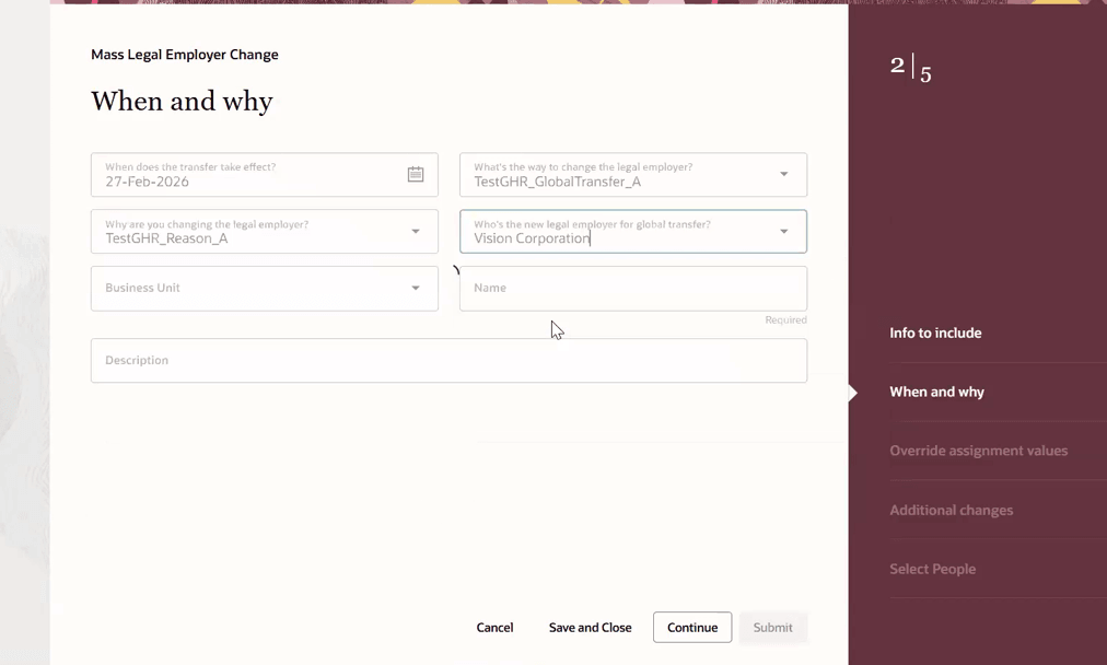 When and why step for entering transfer date, legal employer change type, new legal employer, reason, and process details