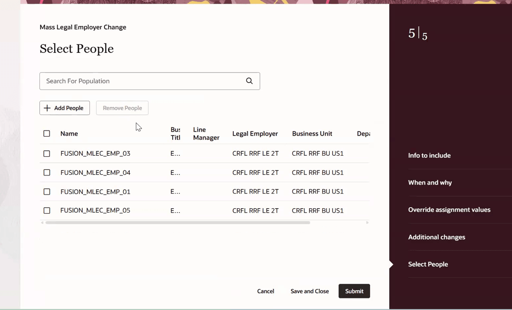 Select People step used to add workers to the Mass Legal Employer Change process