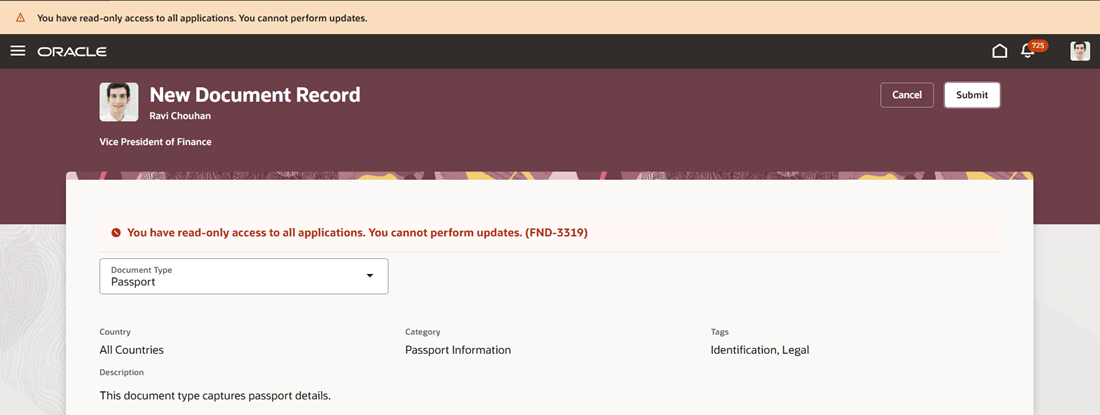 Message Displayed When User Tries to Create and Submit New Document Record