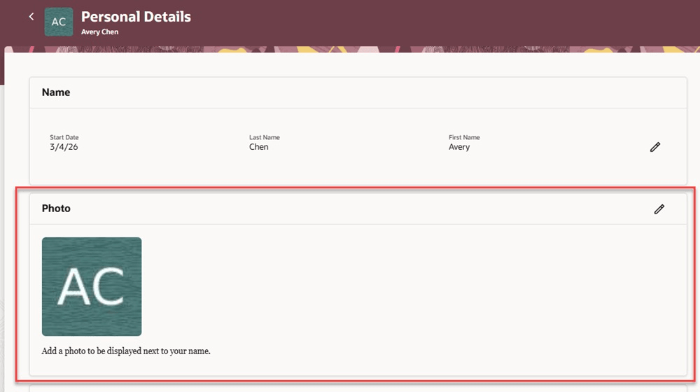 Photo Region of Personal Details Page