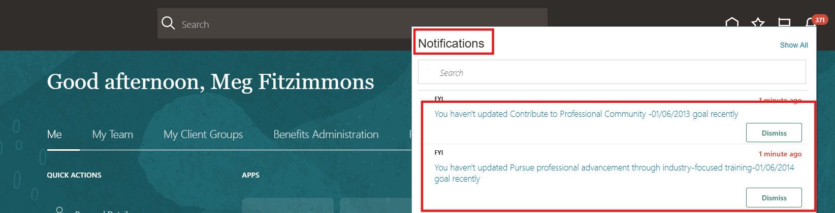 Notifications Visible Under Bell Icon