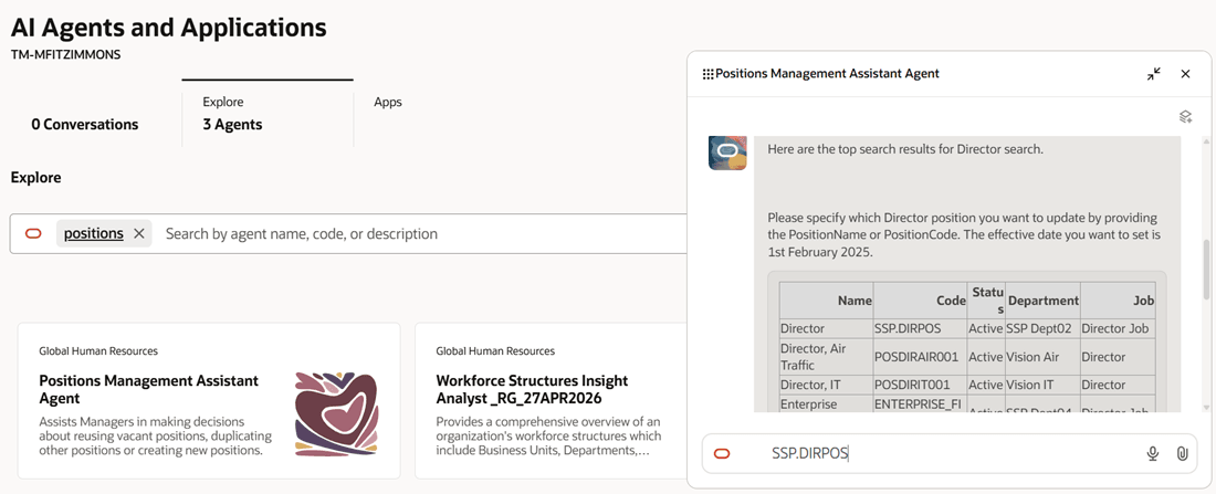 Select the position code for updating the Director position