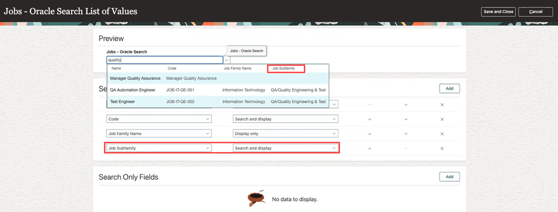 Job Subfamily can be searched on and displayed in Jobs LOV
