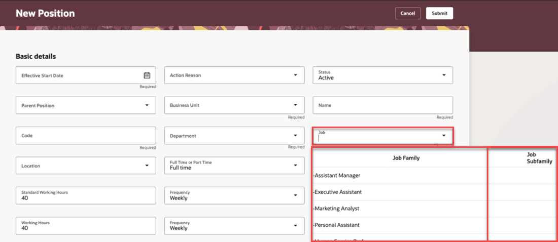 Job Subfamily column displayed in the Jobs LOV on the New Position page