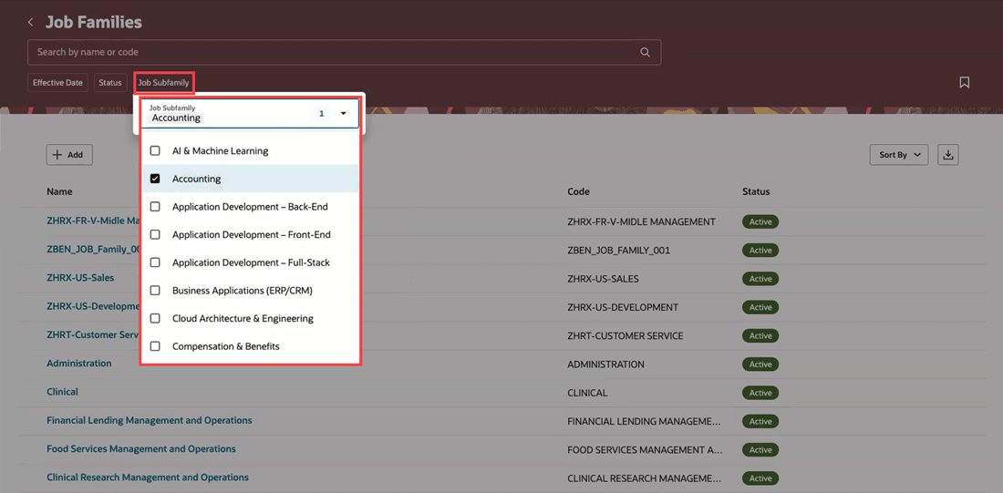 Job Subfamily filter on the Redwood Job Families search page