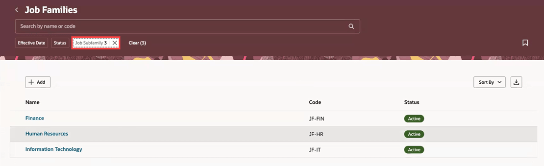 Search results displayed after applying a Job Subfamily filter