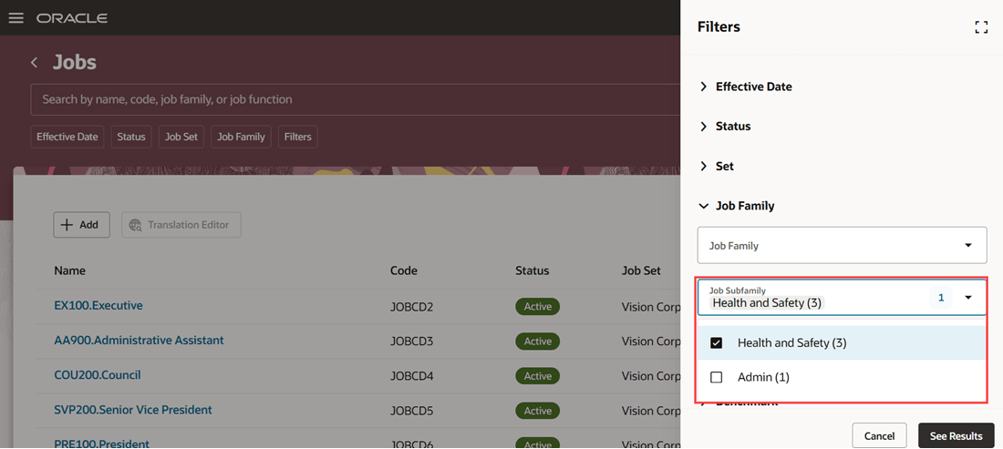 Job Subfamily filter on the Redwood Jobs search page