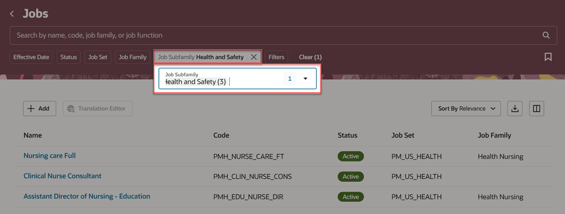 Search results displayed after applying Job Subfamily filter