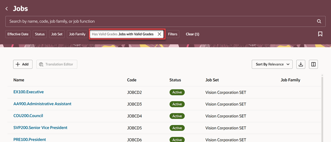 Search results displayed after applying Jobs with Valid Grades option in the Has Valid Grade filter