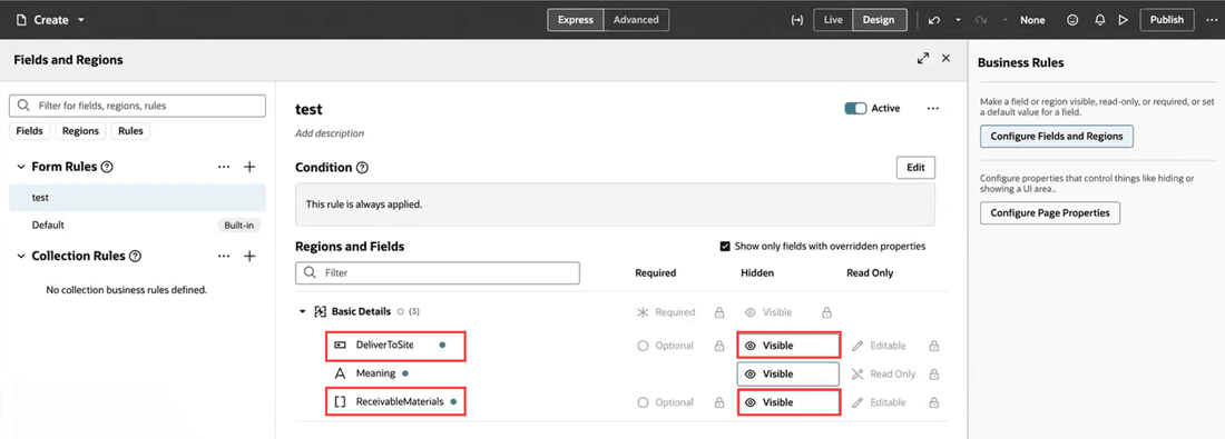 Set the Receivable Materials and Deliver-to Site attributes as Visible in VB Studio