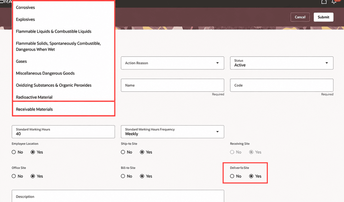 Receivable Materials multi-select LOV and Deliver-to Site radio button on the New Location page