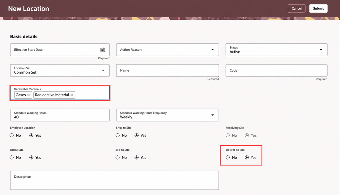 Selected values displayed for Receivable Materials and Deliver-to Site shown as Yes on the New Location page