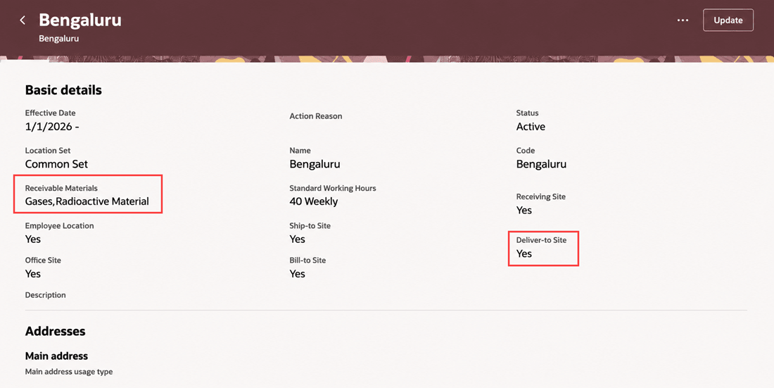 Location view page showing the Receivable Materials and Deliver-to Site fields