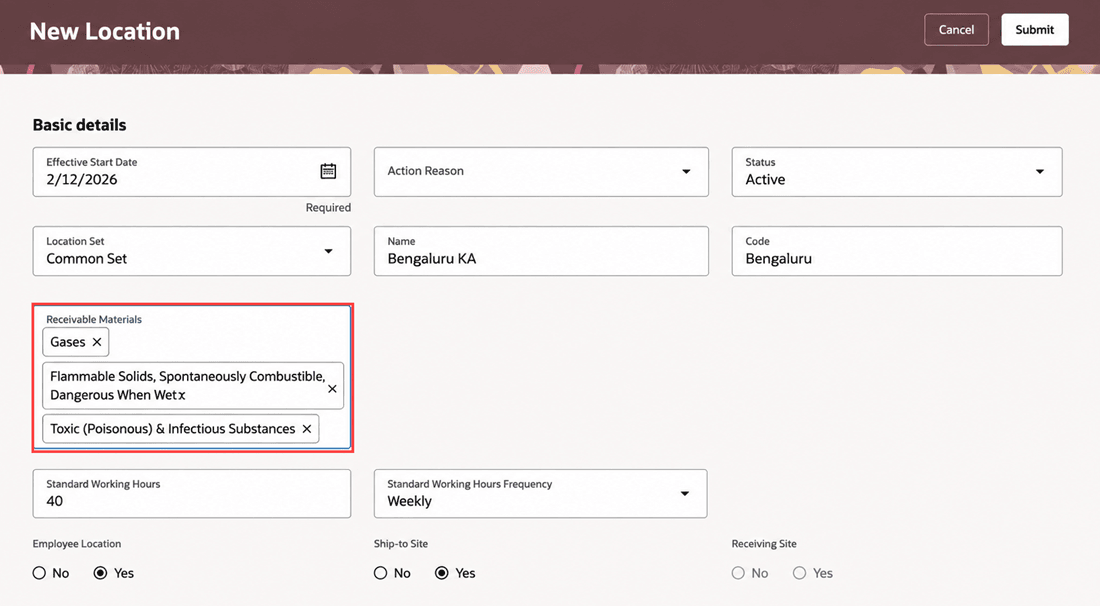 Receivable Materials updated for a location