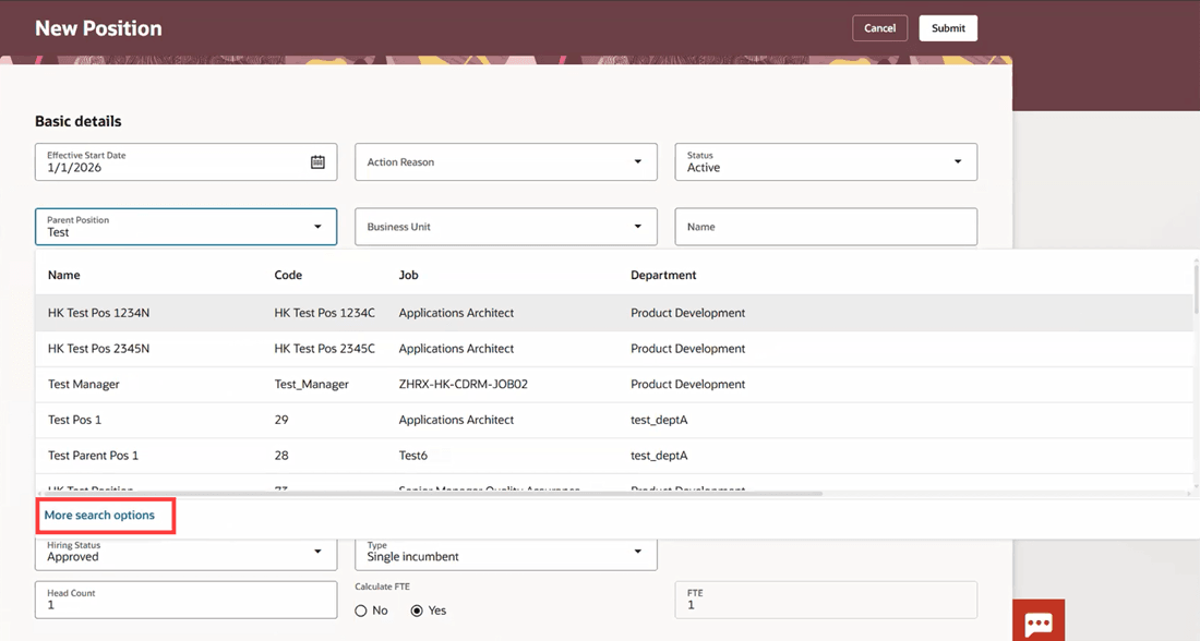 More search options link in the Parent Position LOV