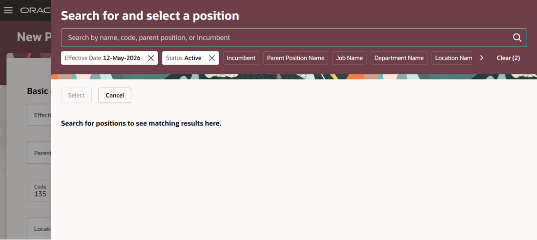 Search for and select a position panel drawer