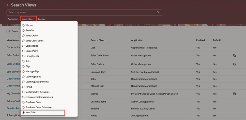 Search Object filter showing the HCM Jobs option on the Search Views page