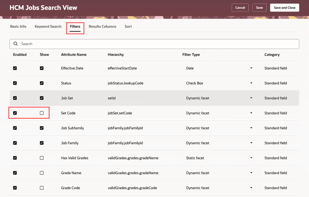 Filters tab of the HCM Jobs Search View page
