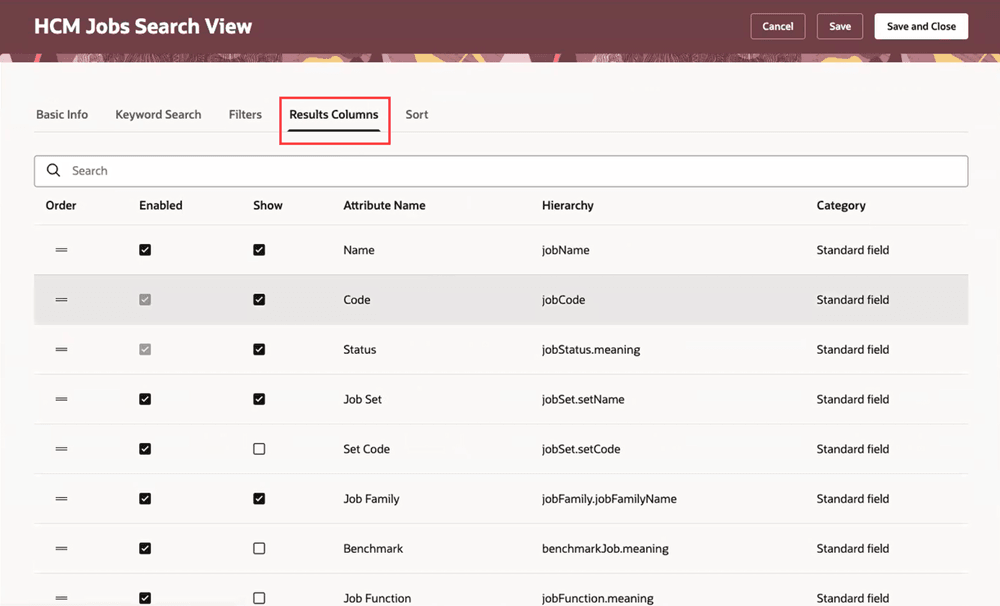 Results Columns tab of the HCM Jobs Search View page