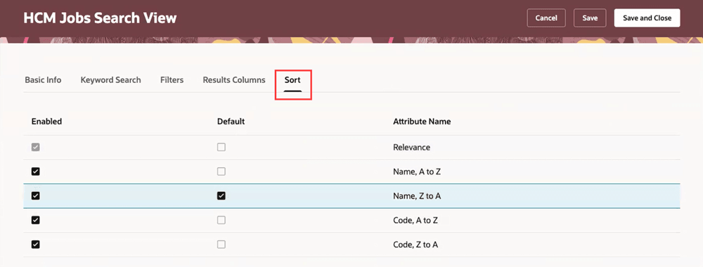 Sort tab of the HCM Jobs Search View page