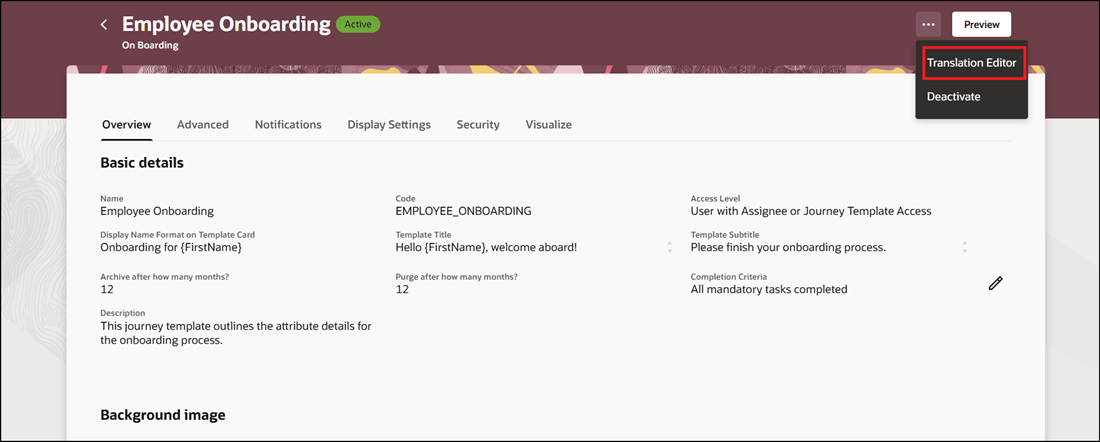 Translation Editor on Journey Template Page