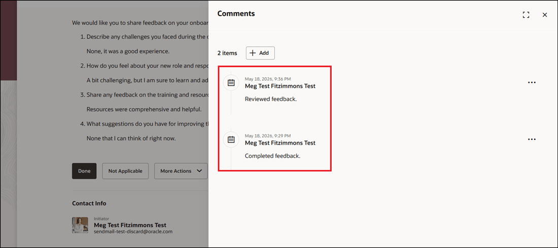 Comments Entered by Last Performer