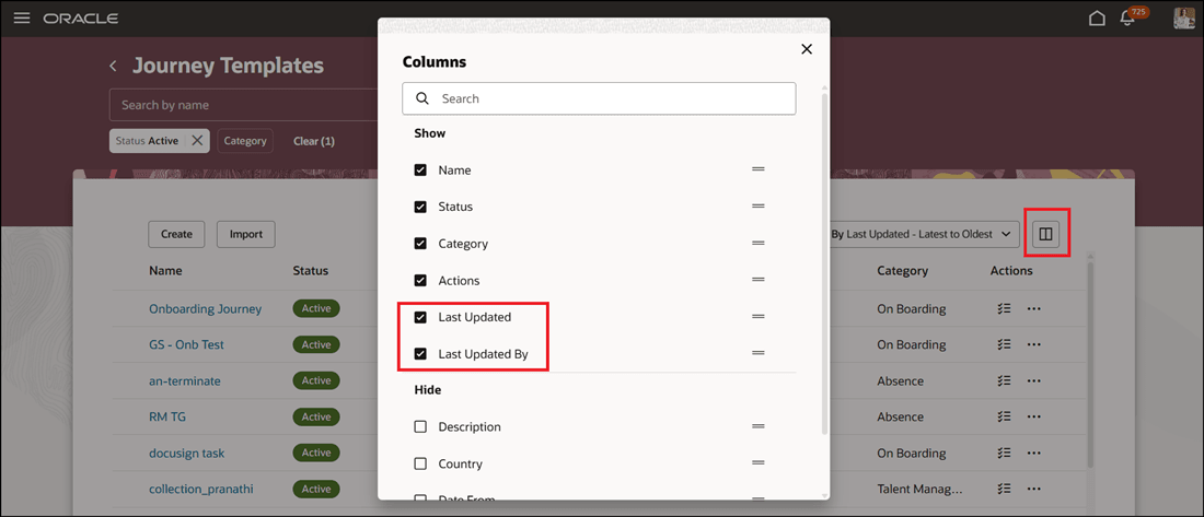 Customize Columns Selector on Journey Templates Page