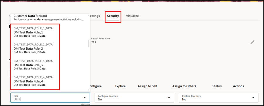 Role List on Journey Security UI Displaying Data Roles