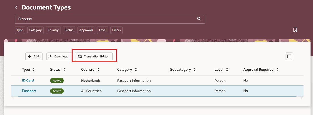 Translation Editor on Document Types Page