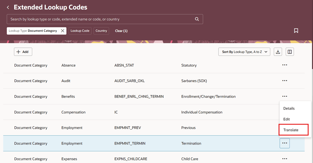 Translation Editor on Extended Lookup Codes Page