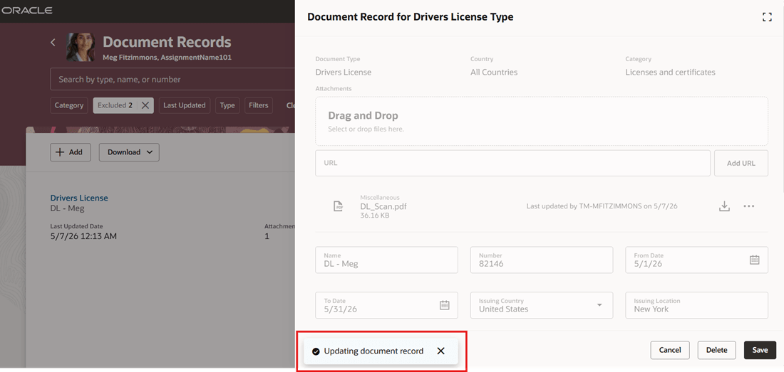 Toast Message Displayed During Document Record Update