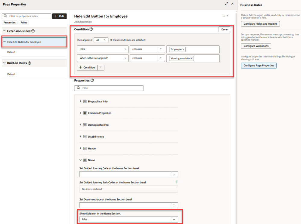 VB Studio Business Rule to Hide Edit Icon in Name Section of Personal Details Page