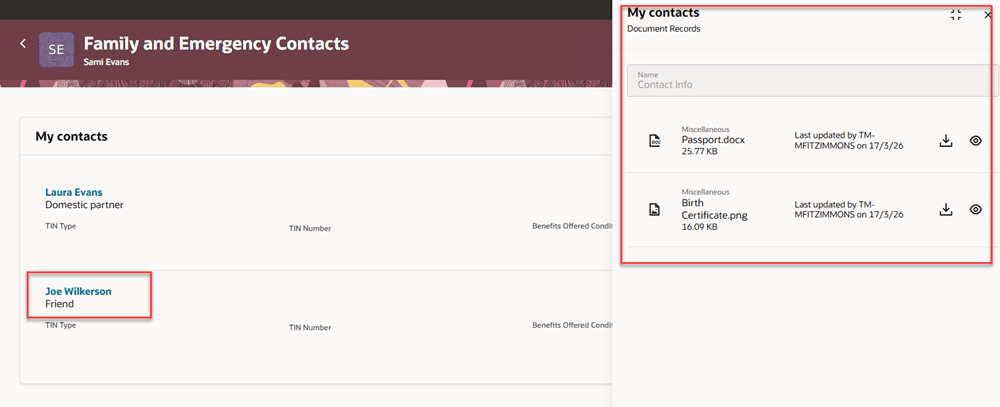 My Contacts Page with Panel Drawer Showing Document Record for a Contact