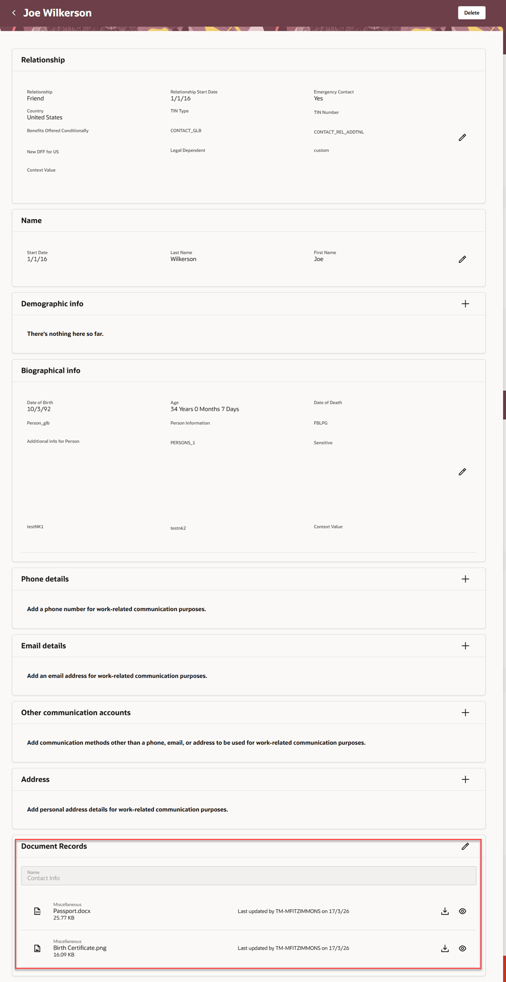 Document Record Region in Contact Details Page